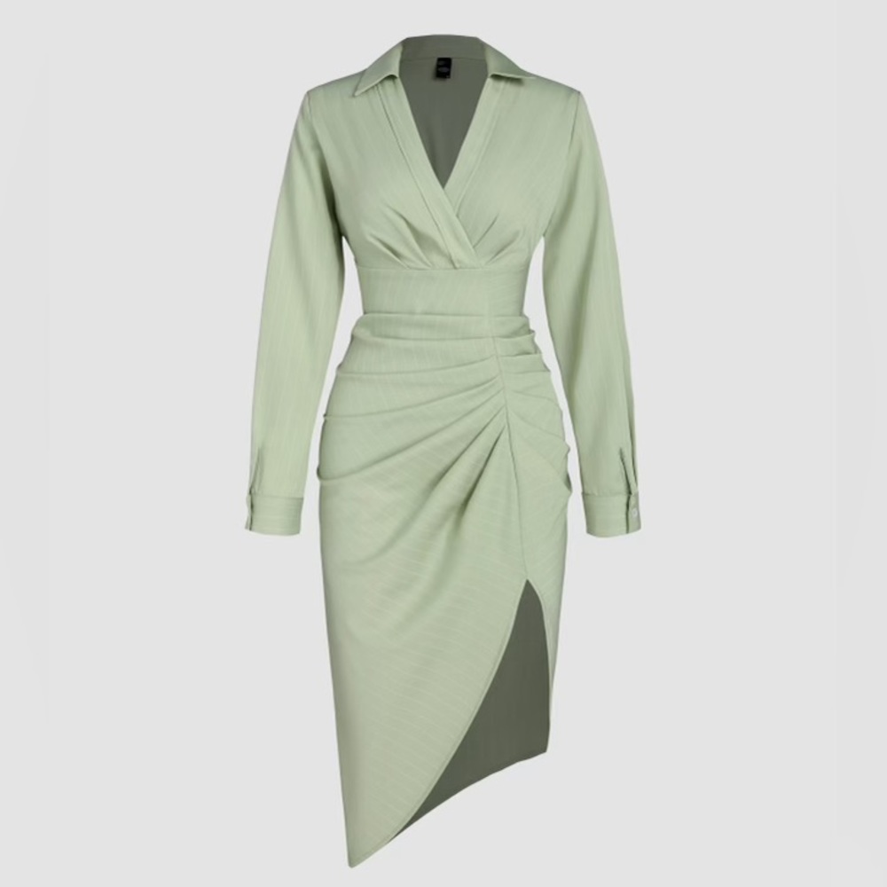 💚Striped Ruched Split Midi Dress in Green💚